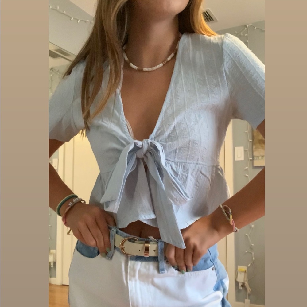 Light blue tie blouse